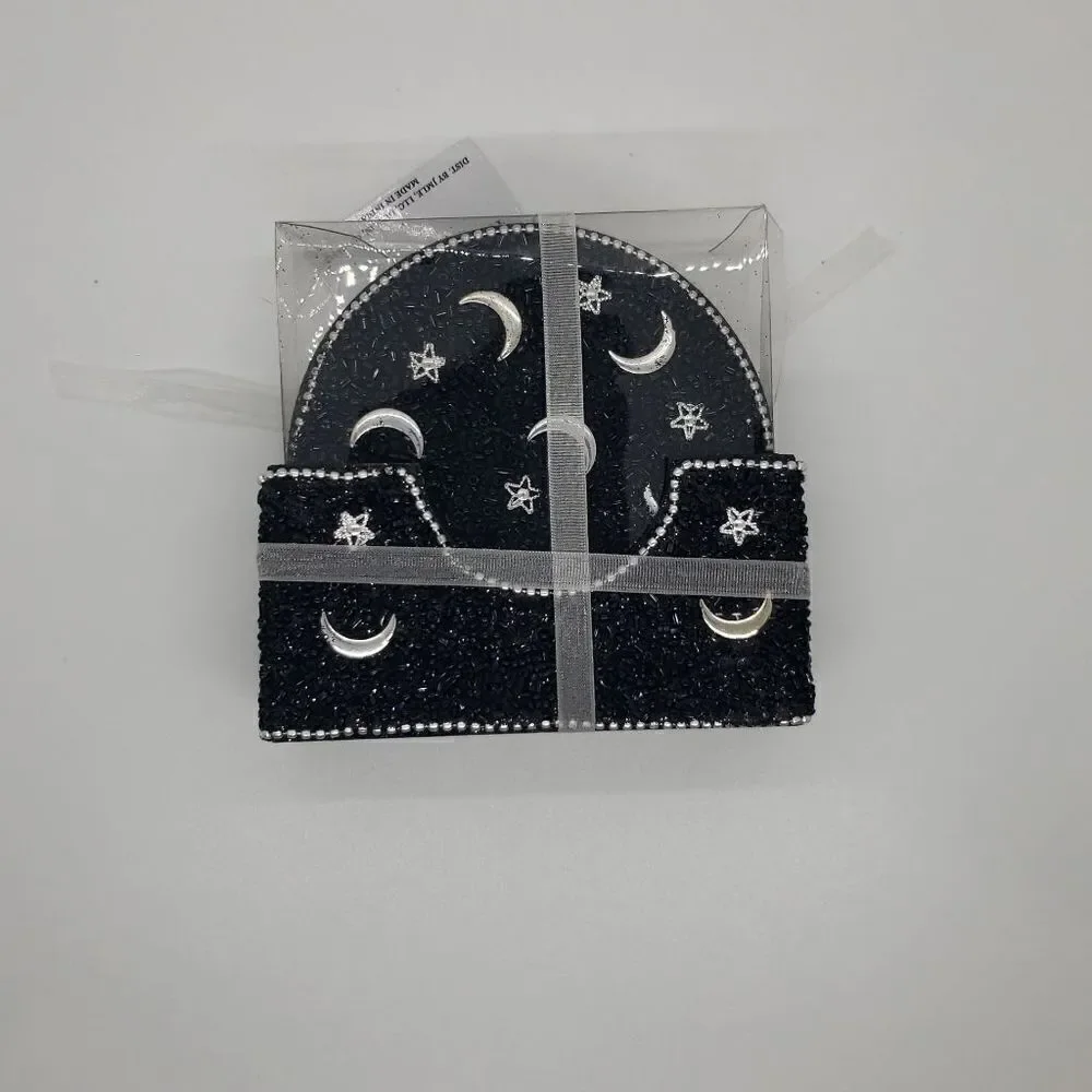 Moon and stars beaded coaster set with holder